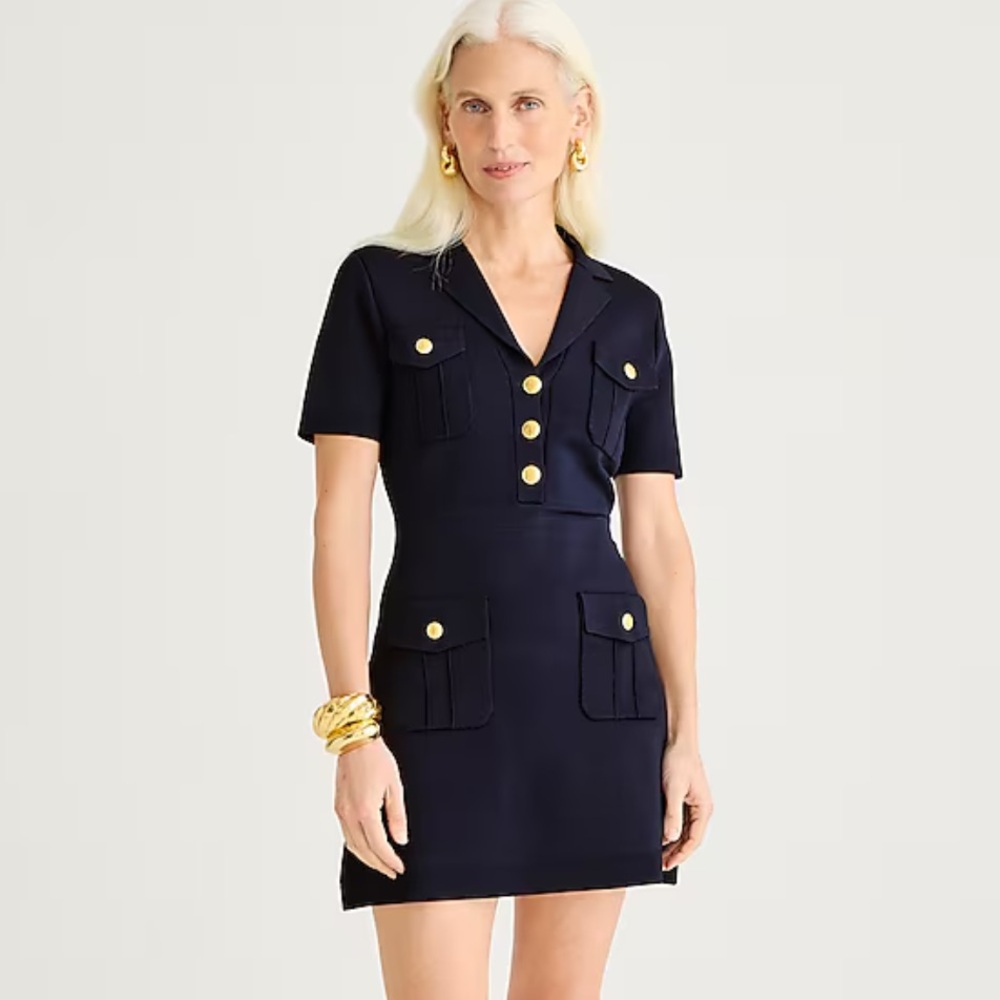 Navy Short Sleeve Dress with Gold Accents